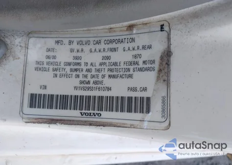 2001 Volvo S40 A/Sport Edition z USA, uszkodzony, nr VIN YV1VS29531F610784